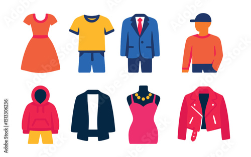 Flat vector icons of fashion categories: vintage dress, casual outfit, formal suit, sportswear look, streetwear style, minimalist wardrobe, glam icon, edgy fashion.