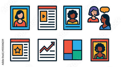 Flat vector icons of fashion magazines and blogs: magazine cover, blog post layout, fashion article, style interview, editor pick, trending story, layout grid, featured model.