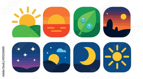 Flat vector icons of nature moments: sunrise over hill, sunset horizon, golden hour, morning dew, dusk silhouette, twilight sky, moonrise, light rays.