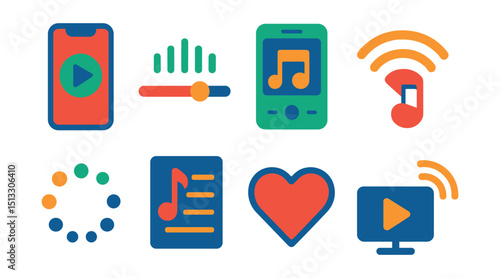 Flat vector icons of music streaming: play on mobile, audio stream bar, online music app, Wi-Fi note, buffer icon, stream playlist, favorite stream, streaming device.