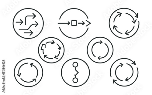 Line style icons of visual data and infographics: infographic arrows icon, directional data flow, infographic with motion, looped arrow layout, process arrows circle, feedback cycle symbol,