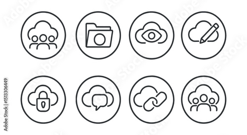 Line style icons of cloud technology: team sharing icon, shared cloud folder, access permission ring, file visibility icon, collaborative cloud edit, comment on cloud file, shared link icon, teamwork