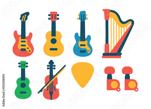 Flat vector icons of musical instruments – strings: electric guitar, acoustic guitar, bass guitar, harp, ukulele, violin, pick icon, tuning pegs.
