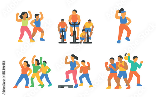 Flat vector icons of group fitness classes: Zumba, spin class, bootcamp group, aerobics instructor, dance fitness, step class, boxing group, circuit session.