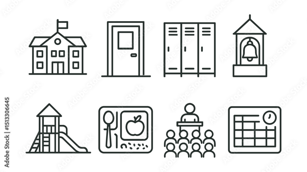 Fototapeta premium Line style icons of school environment: school building, classroom door, hallway locker, school bell tower, playground icon, cafeteria tray, morning assembly, school timetable.