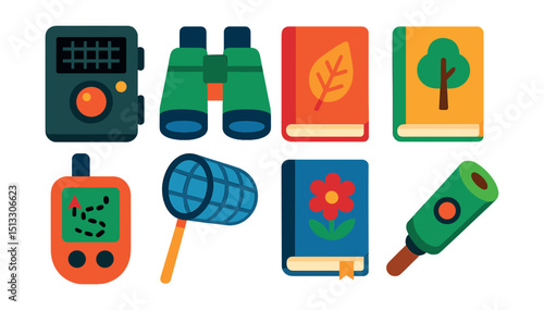 Flat vector icons of outdoor exploration: trail camera, forest binoculars, nature journal, field guide, GPS trail tracker, bug net, flora ID book, bird call device.