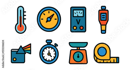 Flat vector icons of scientific measurement tools: thermometer, barometer, voltmeter, pH meter, spectrometer, stopwatch, scale icon, measuring tape.