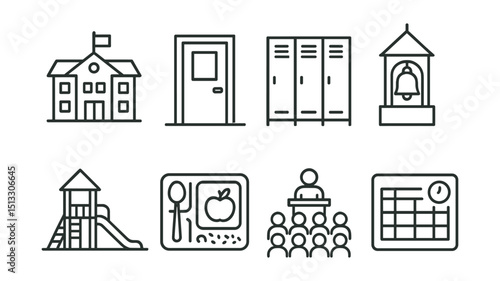 Line style icons of school environment: school building, classroom door, hallway locker, school bell tower, playground icon, cafeteria tray, morning assembly, school timetable.