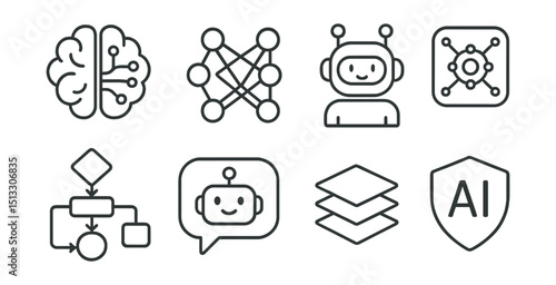 Line style icons of artificial intelligence: brain with circuit, neural network, AI assistant, machine learning model, algorithm flowchart, chatbot icon, deep learning layers, AI ethics badge.