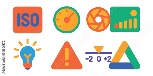 Flat vector icons of exposure triangle: ISO icon, shutter speed dial, aperture ring, exposure meter, light sensitivity icon, overexposure warning, EV scale, triangle diagram.