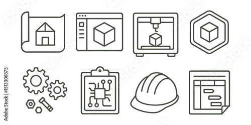 Line style icons of engineering and prototyping: blueprint icon, CAD software screen, 3D printer, prototype badge, gears and bolts, testing environment, engineering helmet, project plan.