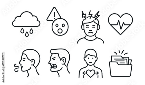 Line style icons of stress and anxiety: stress cloud, panic symbol, tension headache, fast heartbeat, shallow breath icon, clenched jaw, tight chest icon, overwhelmed file.