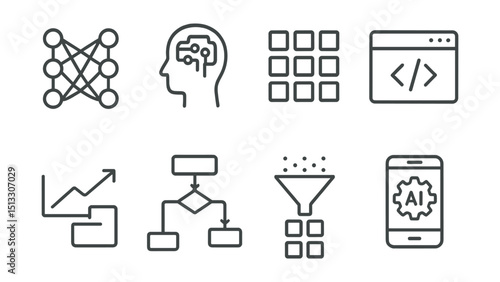 Line style icons of AI programming: neural net layers, machine learning model, training dataset icon, AI code symbol, prediction output, ML workflow, data preprocessing, AI-powered app.