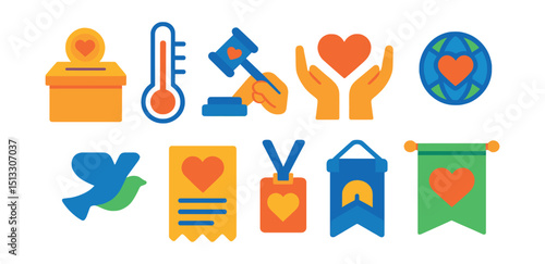 Flat vector icons of charity and fundraising events: donation box, fundraising thermometer, charity auction, giving hands, nonprofit logo, donation receipt, volunteer badge, cause banner.
