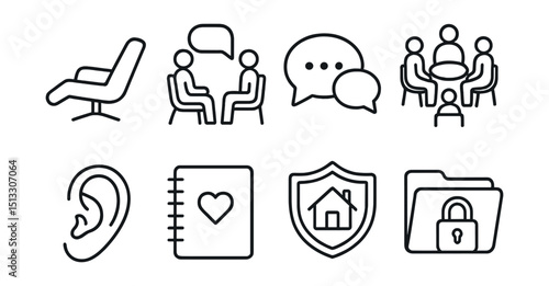 Line style icons of therapy and support: therapist chair, therapy session icon, counseling speech bubble, support group circle, listening ear, therapy journal, safe space badge, confidential file.