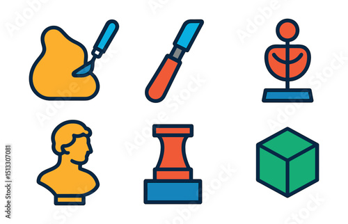 Flat vector icons of sculpture and form: clay model, sculpting tool, carving chisel, armature icon, bust sculpture, sculpture pedestal, 3D shape, material block.