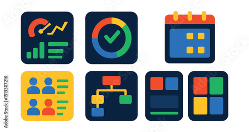 Flat vector icons of productivity dashboards: metrics overview, task progress ring, calendar widget, time tracking bar, team status, project overview, dashboard panel, widget layout.