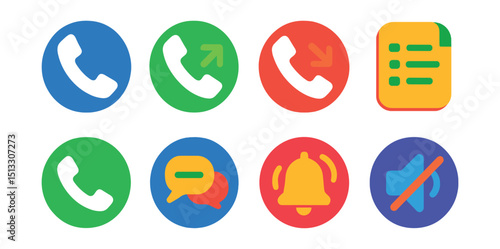 Flat vector icons of phone and voice calls: phone receiver, incoming call, missed call, call log, call button, voice message, ringtone icon, mute icon.