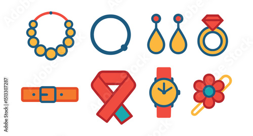 Flat vector icons of fashion accessories: necklace, bracelet, earrings, ring, belt, scarf, watch, brooch.