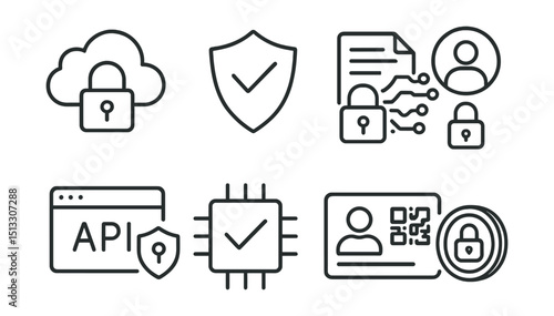 Line style icons of cybersecurity in digital shift: secure cloud, digital trust badge, encryption process, user access control, secure API gateway, data integrity icon, digital ID, security token.