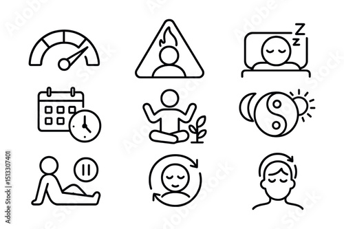 Line style icons of energy and rest balance: energy meter, burnout alert, power nap icon, scheduled break, wellness break icon, rest and recovery symbol, mindful pause, stress reset.