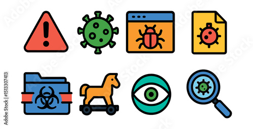 Flat vector icons of malware and viruses: malware alert, virus icon, bug in code, infected file, quarantine folder, trojan horse, spyware, scan for malware.