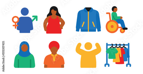 Flat vector icons of inclusive fashion: gender-neutral icon, plus-size model, accessible wear, adaptive clothing, modest fashion, cultural style, body positivity, inclusive rack.