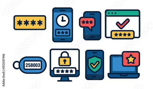 Flat vector icons of two-factor authentication (2FA): 2FA code, verification app, SMS code, authentication step, OTP token, secure login, mobile verification, trusted device.