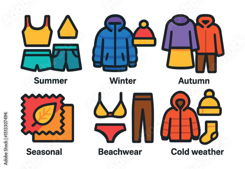 Flat vector icons of seasonal fashion: summer look, winter outfit, spring pastel, autumn tones, seasonal fabric, holiday collection, beachwear icon, cold weather gear.