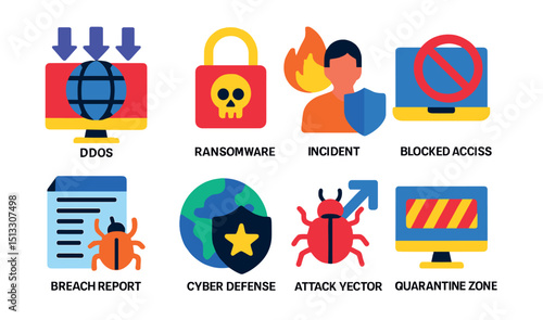 Flat vector icons of cyberattacks and response: DDoS attack, ransomware icon, incident response, blocked access, breach report, cyber defense, attack vector, quarantine zone.