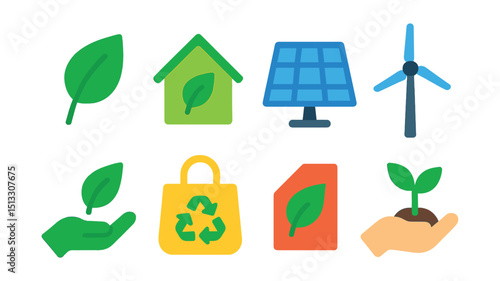 Flat vector icons of ecology and sustainability: eco leaf icon, green house, solar panel, wind turbine, eco hand, recycled bag, biodegradable label, tree planting.