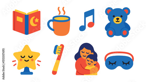 Flat vector icons of bedtime routines: bedtime storybook, warm milk cup, lullaby music note, soft plush toy, nightlight star, teeth brushing, bedtime hug, sleep mask.