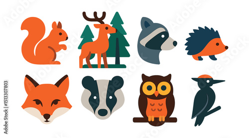 Flat vector icons of forest animals: squirrel icon, deer in woods, raccoon profile, hedgehog, fox face, badger icon, owl on branch, woodpecker silhouette.