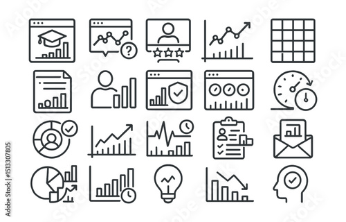 Line style icons of analytics and learning insights: course analytics, quiz stats, learner engagement, performance graph, heatmap icon, module report, student analytics, test score chart, dashboard