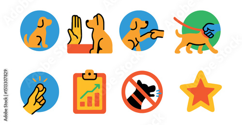 Flat vector icons of pet behavior and training cues: sit icon, stay command, paw shake, leash tug, treat signal, behavior chart, no barking sign, reward star.