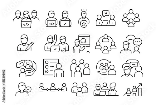 Line style icons of team and collaboration for mobile projects: dev team icon, pair programming, product manager, team role badge, remote team, designer icon, QA tester, sprint team, cross-functional