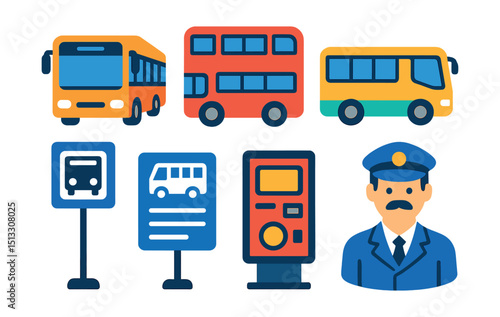 Flat vector icons of buses and coaches: city bus, double-decker, shuttle bus, intercity coach, bus stop sign, bus schedule, ticket machine, bus driver.
