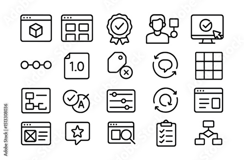 Line style icons of product design and iteration: product icon, feature set, prototype badge, user story icon, product test, roadmap icon, product version, backlog tag, feedback cycle, product matrix