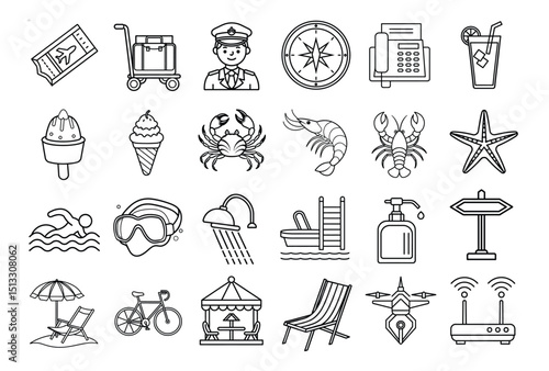 Summer travel and vacation icons set isolated on white background