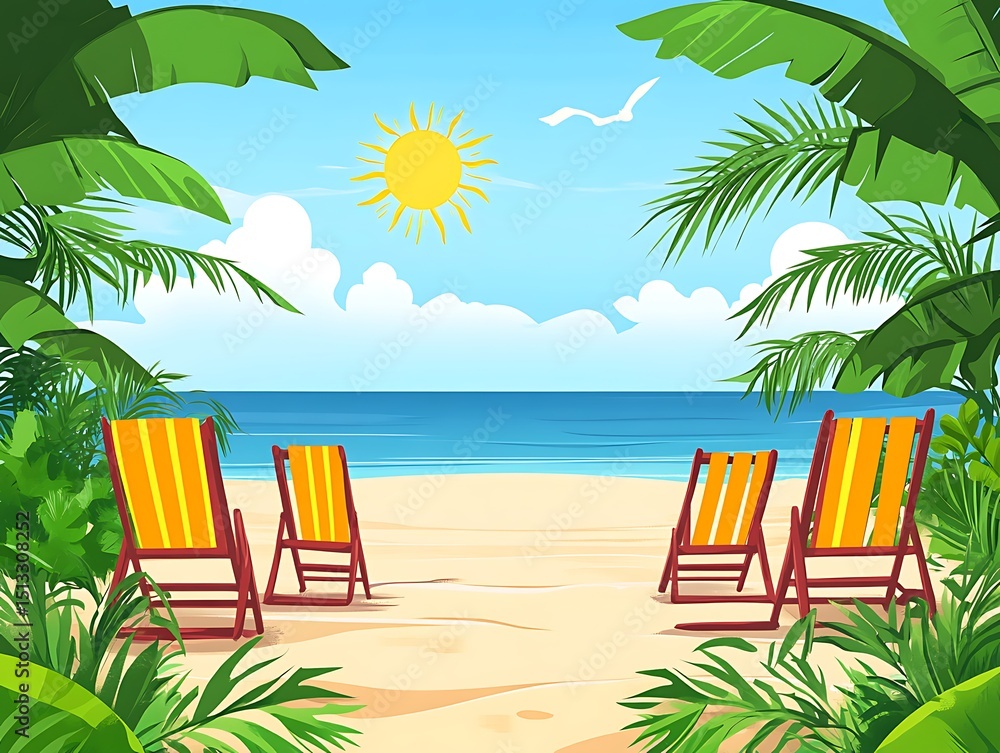 Obraz premium stylized Miami beach scene in clipart palm-lined walkway beach chairs set up sun high in sky flat and cheerful look