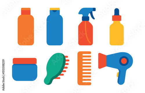Flat vector icons of haircare products: shampoo bottle, conditioner icon, detangler spray, hair oil, hair mask jar, scalp brush, comb, hairdryer.