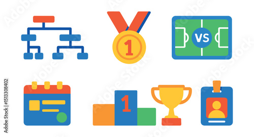 Flat vector icons of tournaments and competitions: bracket icon, elimination round, gold medal, final match, match schedule, podium, trophy cup, event pass.
