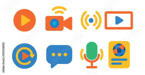 Flat vector icons of live streaming and broadcasts: play button, live camera, broadcast icon, streaming overlay, match replay icon, live chat, audio commentary, sports feed.