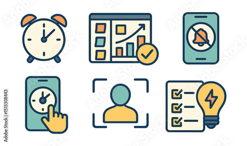 Outline with Fill icon set for productivity habits: ticking clock, task board, progress chart, no distraction sign, timer app, focus zone, checked list, energy boost.