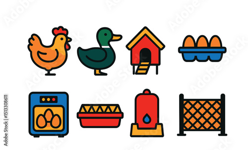 Flat vector icons of poultry and bird farming: chicken, duck, henhouse, egg tray, incubator, feeder, water dispenser, poultry fence.
