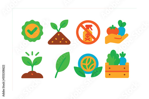 Flat vector icons of organic farming: organic label, compost pile, no pesticide sign, handpicked produce, natural growth, green leaf, sustainable badge, eco-friendly crate.