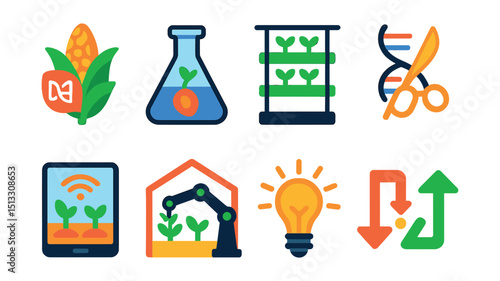 Flat vector icons of agricultural innovation: biotech crop, lab-grown seed, vertical farm, gene editing symbol, precision farming, robot arm in greenhouse, innovation lightbulb, new method icon.