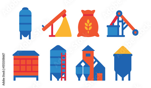 Flat vector icons of silos and grain storage: tall silo, grain chute, grain sack, conveyor system, storage container, silo with ladder, grain elevator, filled silo icon.