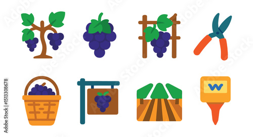 Flat vector icons of vineyards and grape farming: grapevine, wine grape bunch, trellis system, pruning scissors, grape basket, winery sign, vineyard rows, soil moisture monitor.