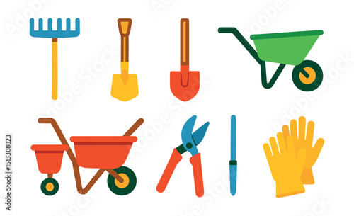 Flat vector icons of agriculture tools and gear: rake, hoe, shovel, wheelbarrow, seed spreader, pruning shears, soil probe, glove set.